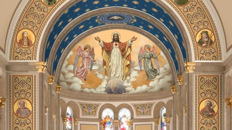 The front arched ceiling of a church adorned with religious art and stained glass windows